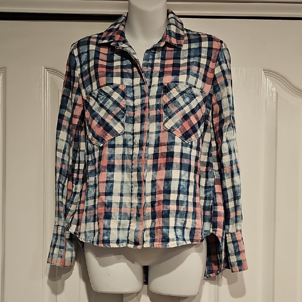 Anthropologie Cloth & Stone Plaid Button Up Shirt Sz Xs PTP 18" EUC - Picture 3 of 12